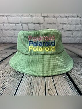 Polaroid Mint Corduroy Bucket Hat with Embroidered Multicolor Logo Patch